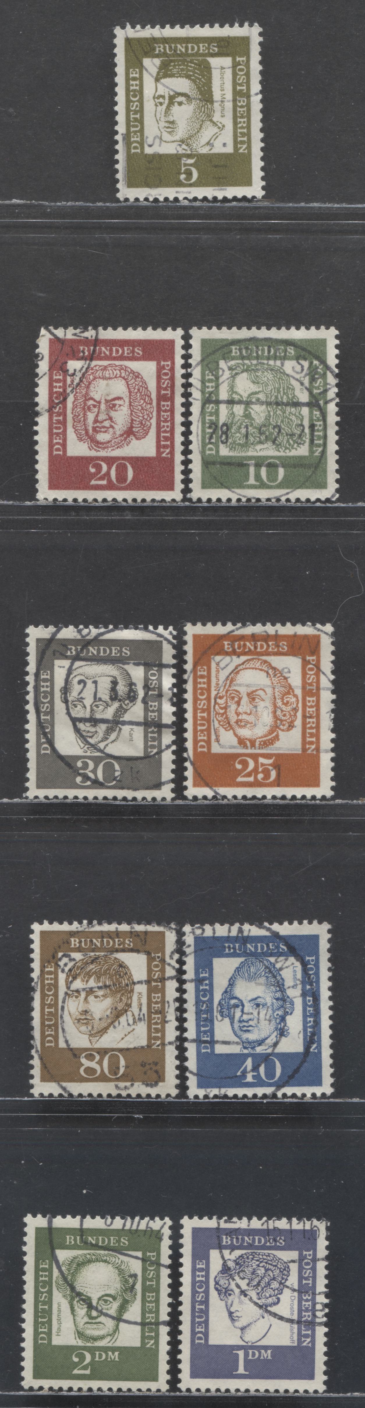 Lot 61 Germany - Berlin SC#9N176/9N190 1961-1962 Portrait Definitives, 9 Very Fine Used Singles, Click on Listing to See ALL Pictures, 2017 Scott Cat. $17.25 USD