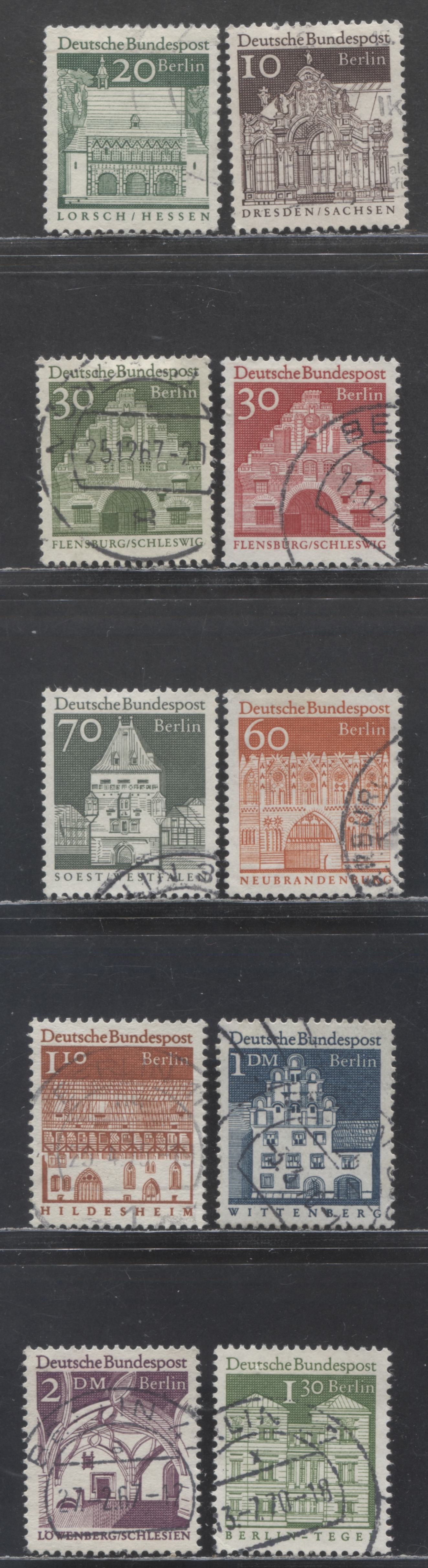 Lot 63 Germany - Berlin SC#9N237/9N250 1966-1969 Buildings Definitives, 10pf Brown - 2m Purple, 10 Very Fine Used Singles, Click on Listing to See ALL Pictures, 2017 Scott Cat. $9.95 USD