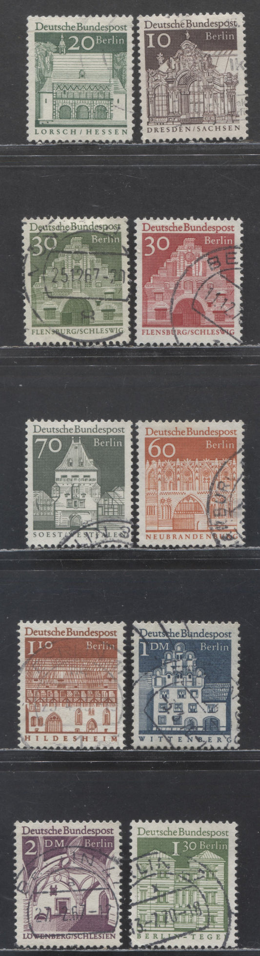 Lot 63 Germany - Berlin SC#9N237/9N250 1966-1969 Buildings Definitives, 10pf Brown - 2m Purple, 10 Very Fine Used Singles, Click on Listing to See ALL Pictures, 2017 Scott Cat. $9.95 USD