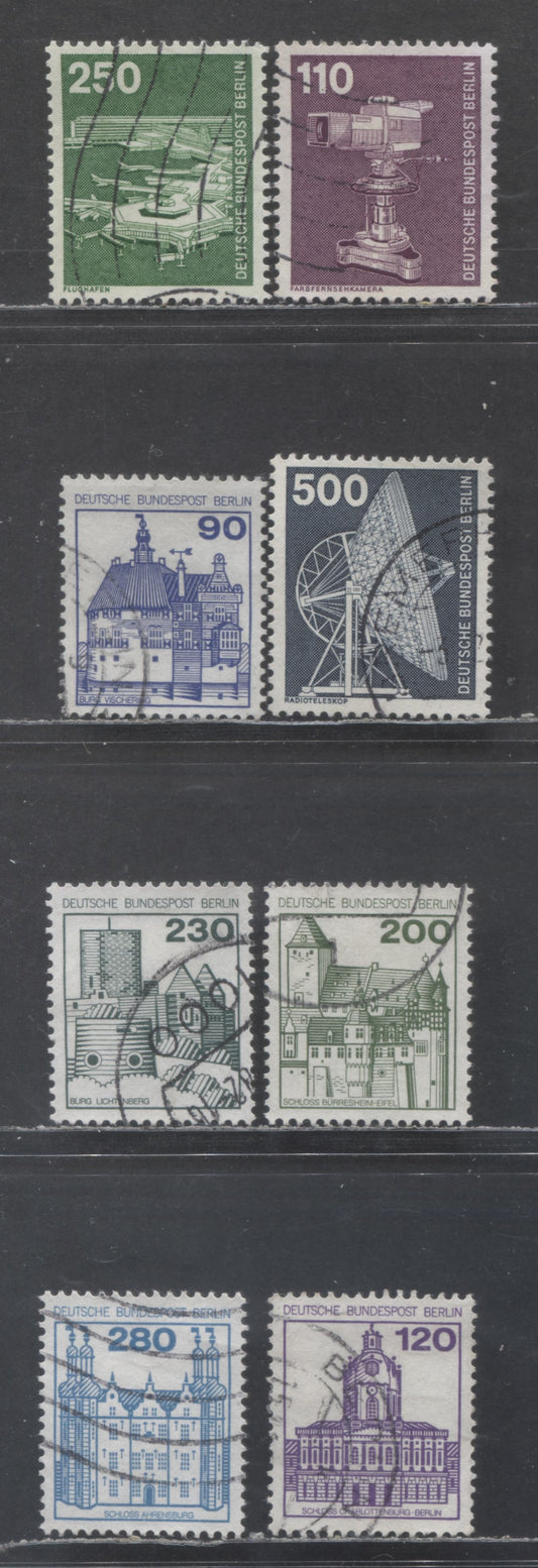 Lot 64 Germany - Berlin SC#9N368A/9N444 1975-1982 Industry & Castle Definitives, 110pf Deep Claret - 280pf Blue, 8 Fine/Very Fine Used Singles, Click on Listing to See ALL Pictures, 2017 Scott Cat. $13.85 USD