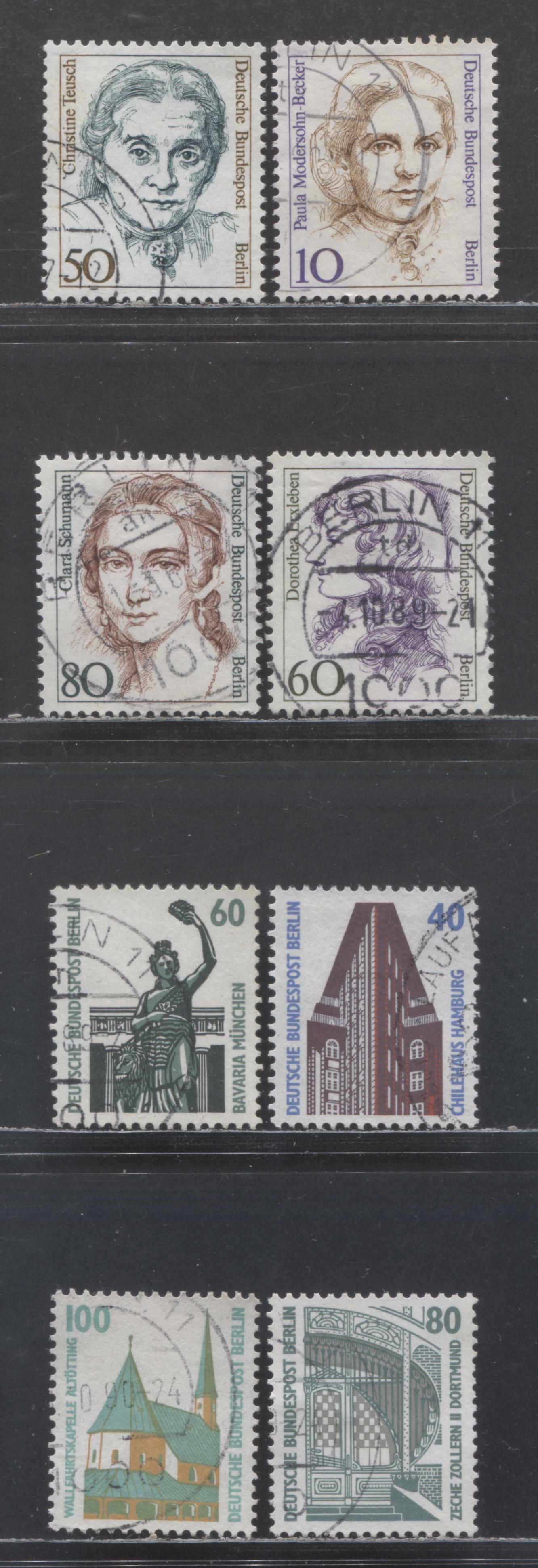 Lot 65 Germany - Berlin SC#9N517/9N553 1986-1990 Famous Women & Historic Sites Definitives, 10pf/100pf Values, 8 Very Fine Used Singles, Click on Listing to See ALL Pictures, 2017 Scott Cat. $15.7 USD