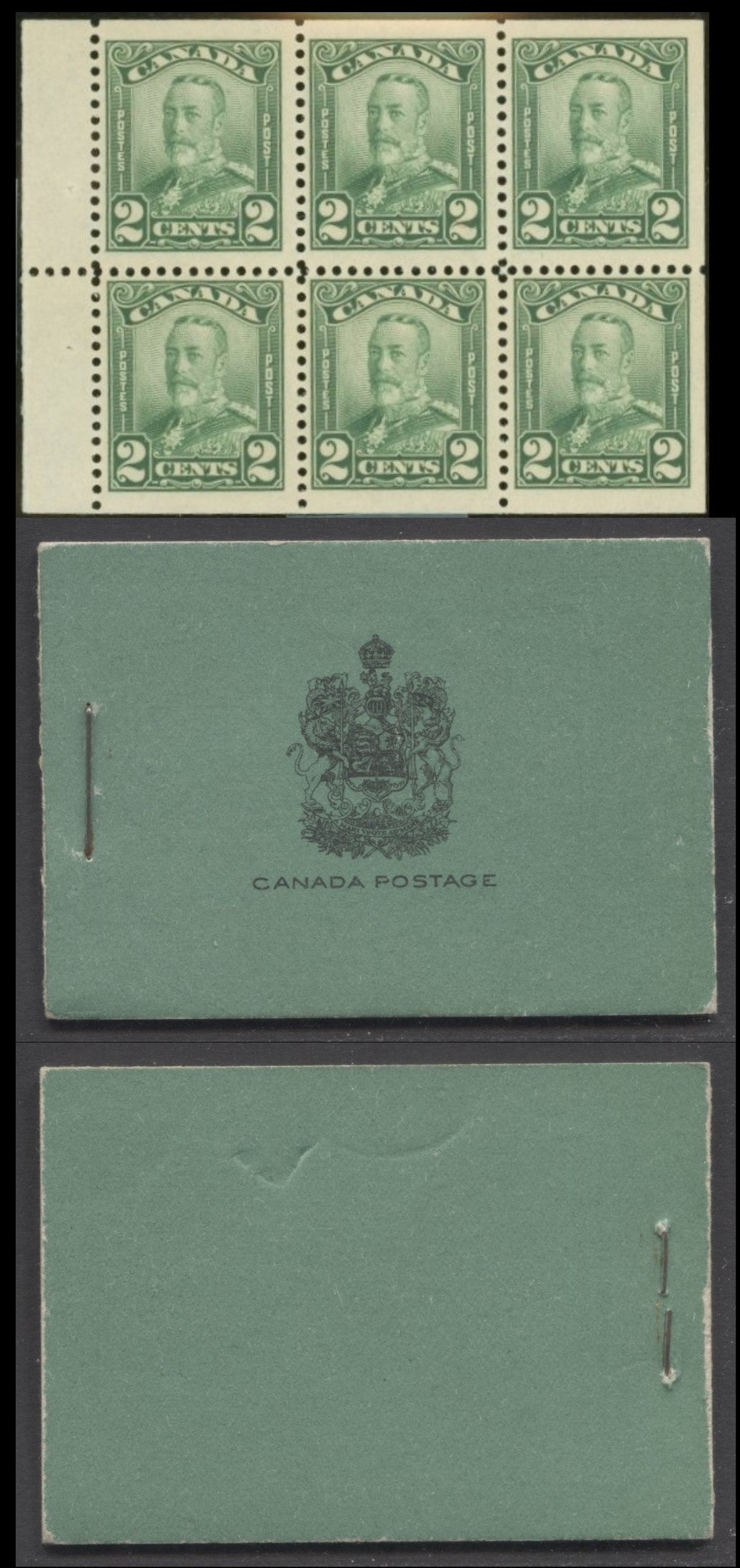 Lot 6 Canada #BK12aE 1928-1929 Scroll Issue, A Complete 25c English Booklet, 2 Panes Of 6 2c Green, Black On Green Cover, 4,160,000 Issued, Slight Corner Bend On One Pane