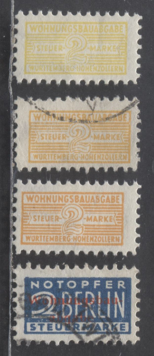 Lot 95 Germany SC#8NRA3-8NRA4b 1949 Occupation Postal Tax Stamps Issue, Including 16.5mm Overprint & All Three Shades Of The 2pf Yellow, Orange Yellow & Orange, 4 Fine/Very Fine Used & OG Singles, 2017 Scott Cat. $17.25 USD