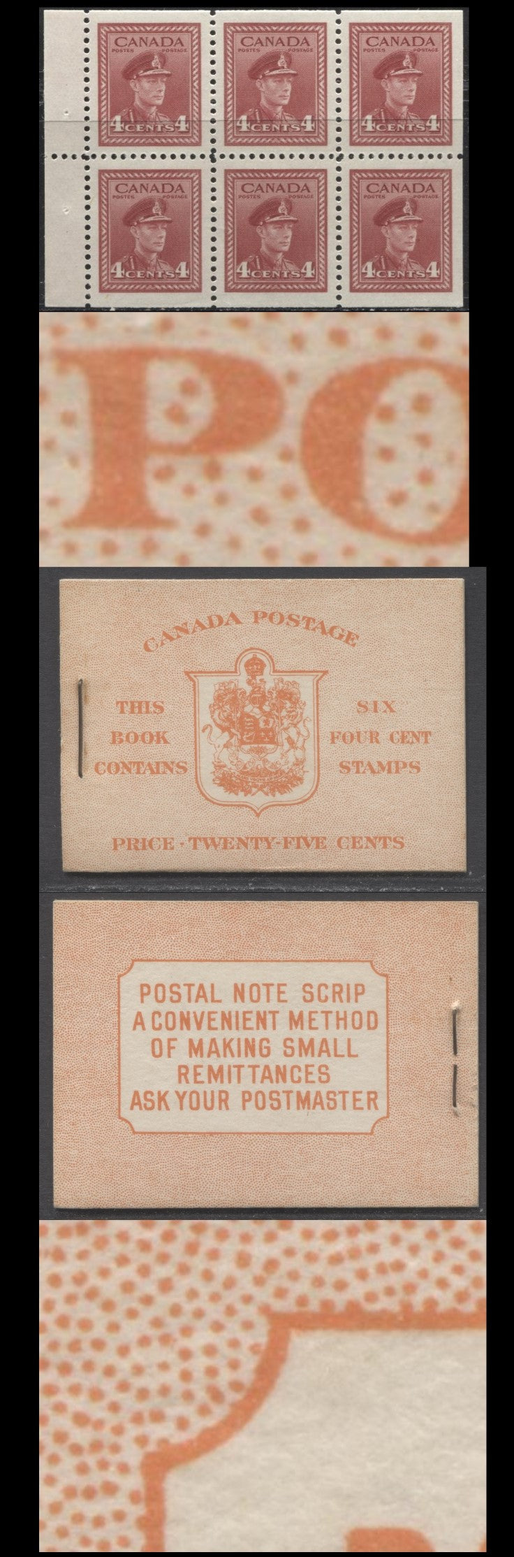 Lot 317 Canada #BK36dE 1942-1947 War Issue, A Complete 25c English Booklet, A Pane Of 6 4c Dark Carmine, Front Cover IIi, Back Cover Caii, Type II, 7c & 6c Rate Page, 24,114,000 Issued, Paper/Gum CBN-OOOOO