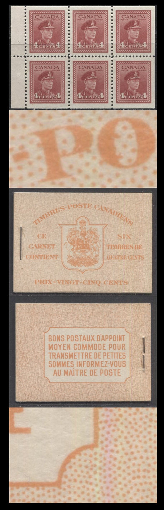 Canada #BK36dF 1942-1947 War Issue, A Complete 25c French Booklet, A Pane Of 6 4c Dark Carmine, Front Cover IIr, Back Cover Dii, Type II, 7c & 6c Rate Page, 1,789,000 Issued