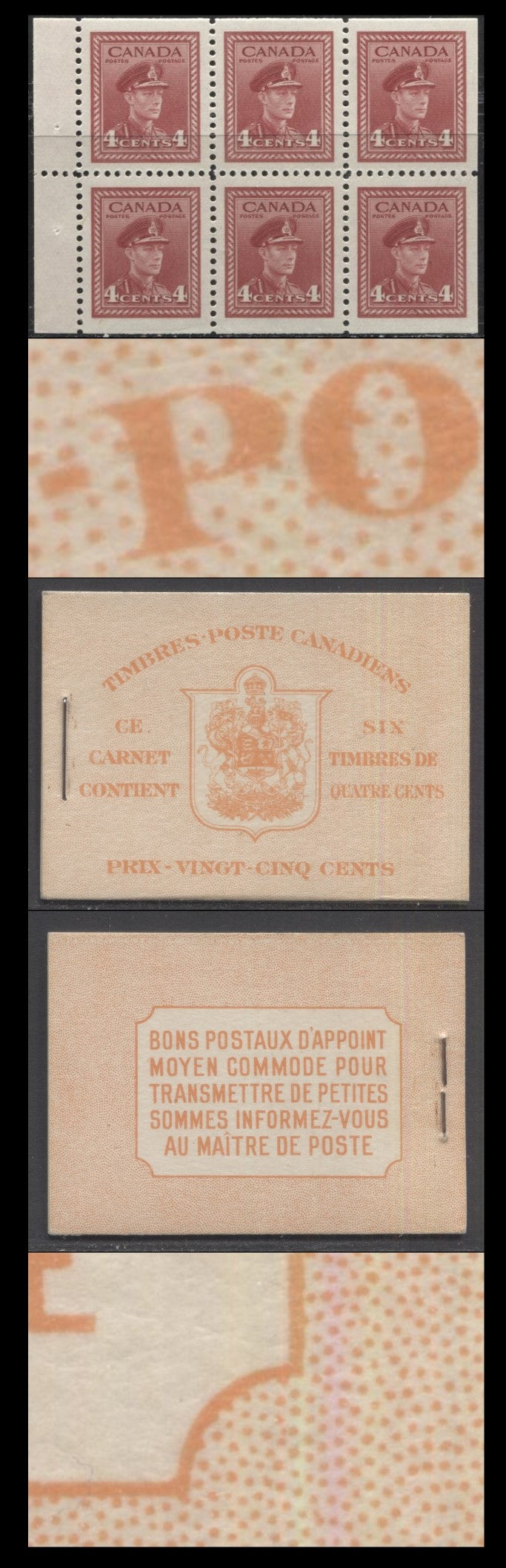 Canada #BK36dFIIrDii 1942-1947 War Issue, A Complete 25c French Booklet, A Pane Of 6 4c Dark Carmine, Front Cover IIr, Back Cover Dii, Type II, 7c & 6c Rate Page, 1,789,000 Issued