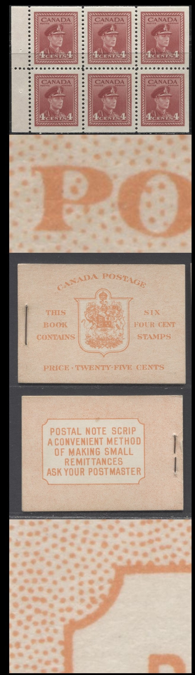 Lot 333 Canada #BK36e 1942-1947 War Issue, A Complete 25c English Booklet, A Pane Of 6 4c Dark Carmine, Front Cover IIi, Back Cover Caii, Type II, 7c & 5c Rate Page, 24,114,000 Issued, CBN-UUUUU Paper/Gum