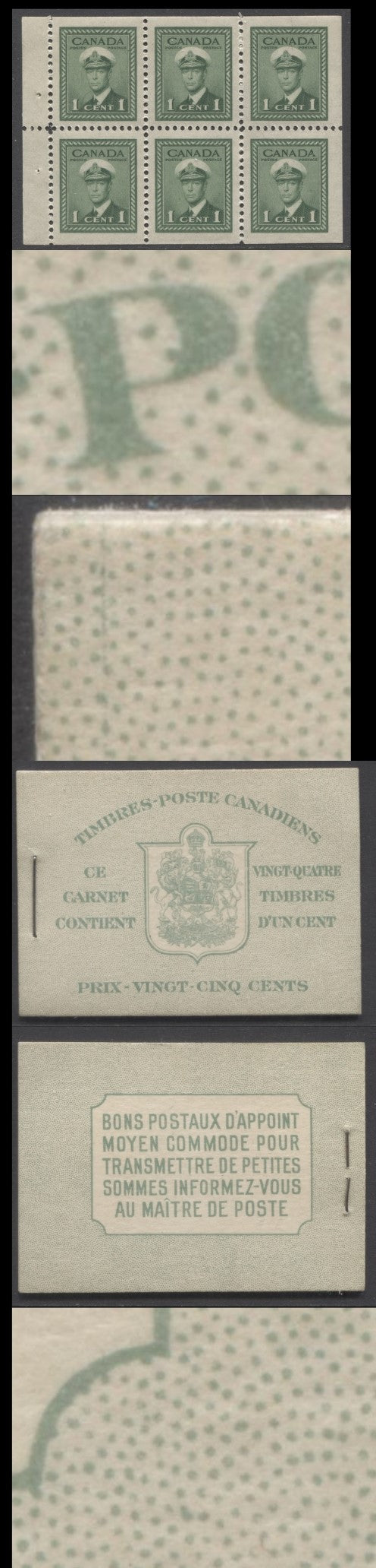 Lot 342 Canada (C) #BK32dF 1942-1947 War Issue, A 25c French Booklet, 4 Panes Of 6 1c Green, Front Cover IIj, Back Cover Dii, Cover Type II, 7c & 6c Rate Page, Vertical Cutting Guideline At Upper Left Of Front Cover, 145,000 Issued, Paper CBN-YYYYY