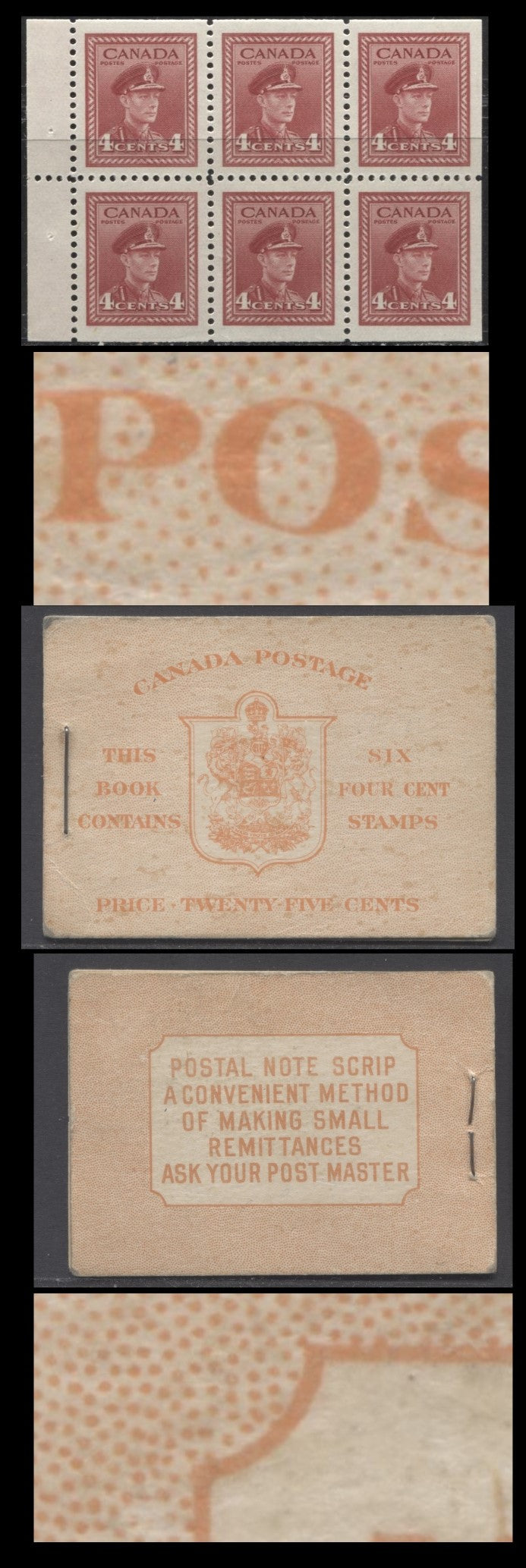 Lot 335 Canada #BK36fE 1942-1947 War Issue, A Complete 25c English Booklet, A Pane Of 6 4c Dark Carmine, Front Cover IIi, Back Cover Cbii, Type IIa, Surcharged 7c & 6c Rate Page, 24,114,000 Issued, CBN-MMMMMMM