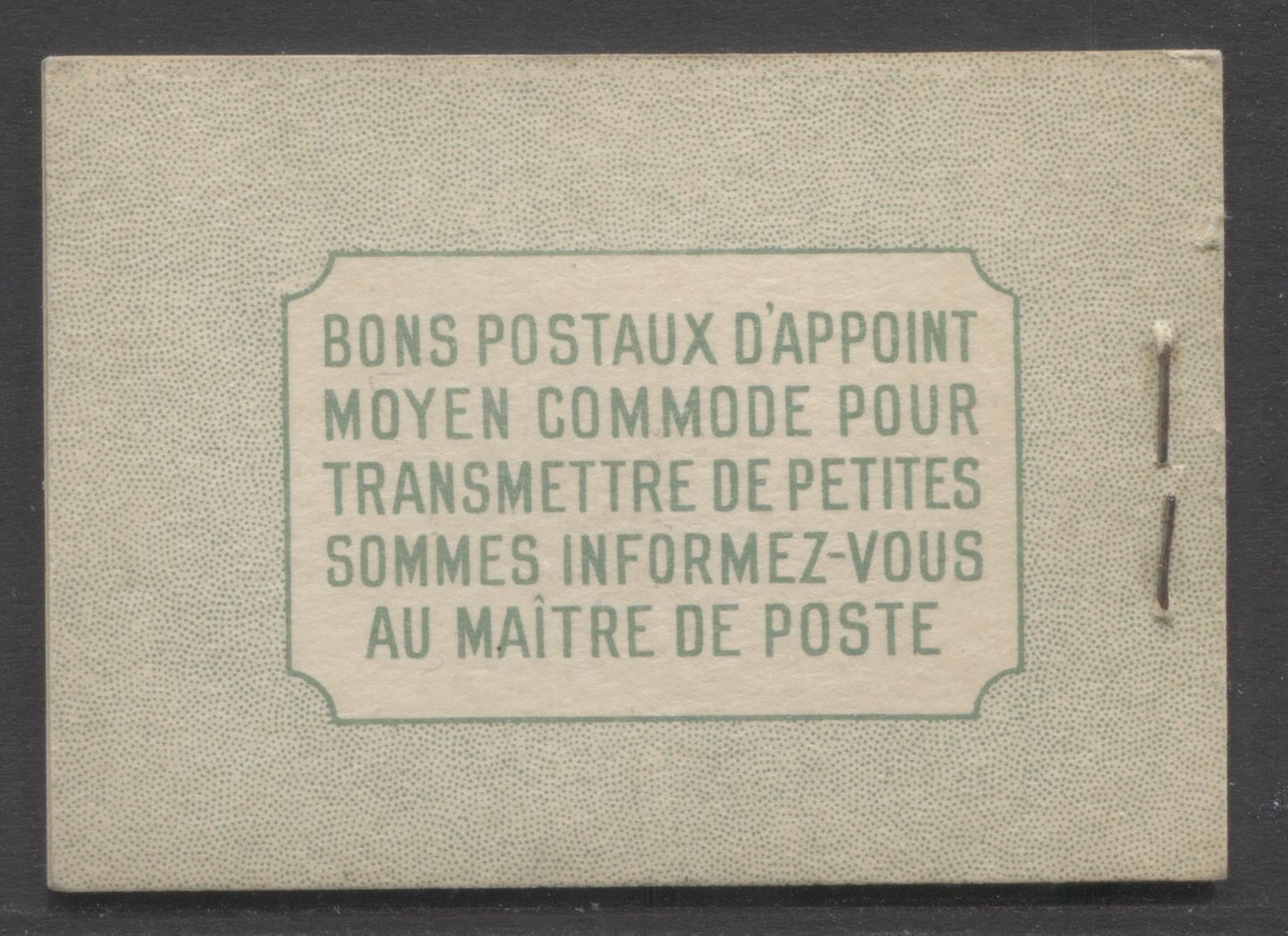 Lot 343 Canada (C) #BK32dF 1942-1947 War Issue, A 25c French Booklet, 4 Panes Of 6 1c Green, Front Cover IIk, Back Cover Div, Cover Type II, 7c & 6c Rate Page, Vertical Cutting Guideline At Lower Right Of Front Cover, 145,000 Issued, Paper CBN-YYYYY
