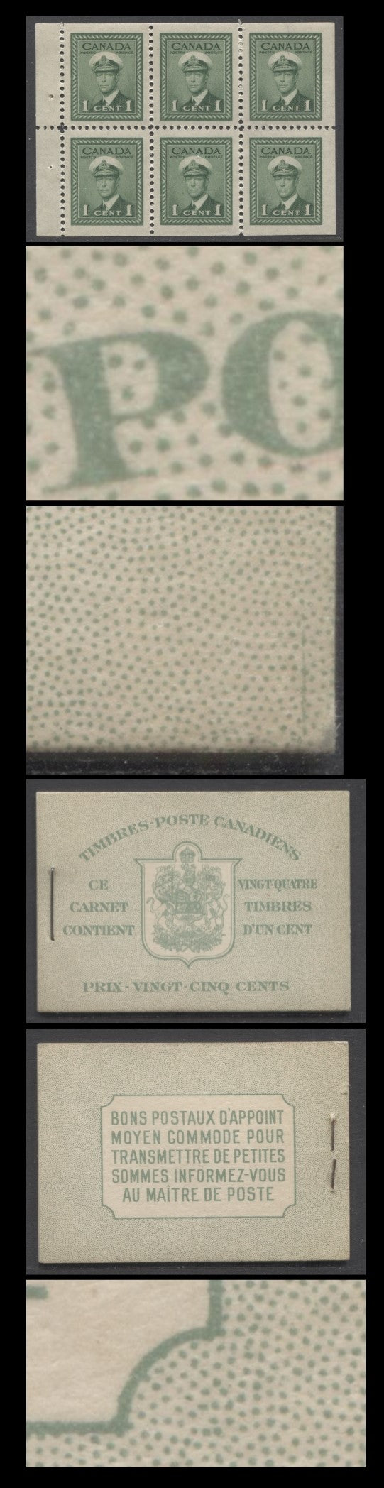 Lot 343 Canada (C) #BK32dF 1942-1947 War Issue, A 25c French Booklet, 4 Panes Of 6 1c Green, Front Cover IIk, Back Cover Div, Cover Type II, 7c & 6c Rate Page, Vertical Cutting Guideline At Lower Right Of Front Cover, 145,000 Issued, Paper CBN-YYYYY