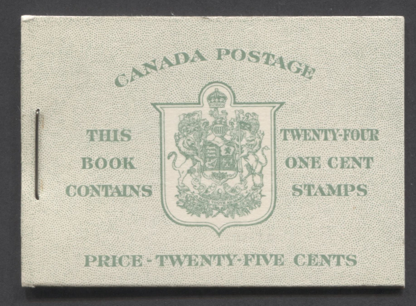 Lot 345 Canada (C) #BK32eE 1942-1947 War Issue, A Complete 25c English Booklet, 4 Panes Of 6 1c Green, Front Cover IIb, Back Cover Caii, Cover Type II, 7c & 5c Rate Page, 'Postmaster' One Word, 699,000 Issued, Paper CBN-AAAAA