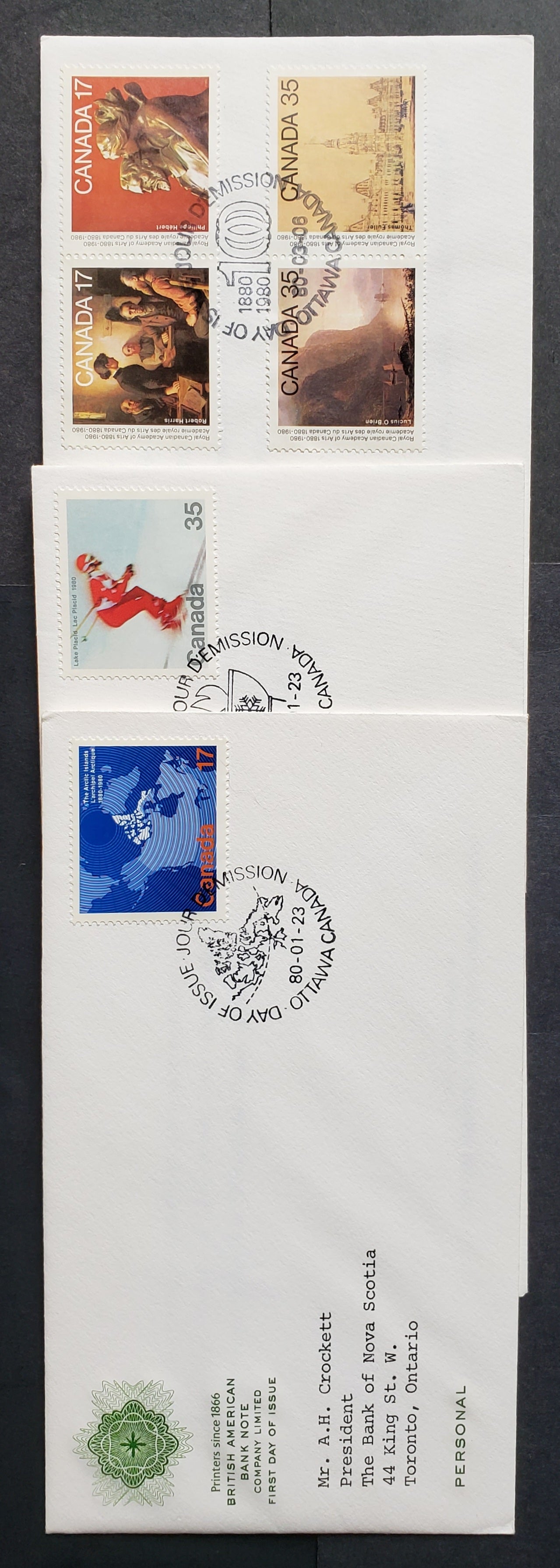 Canada #847-852a 1980 Arctic Islands – Academy of Arts, 3 British American Bank Note Company FDC’s, Franked With Singles & Combination, On DF Paper