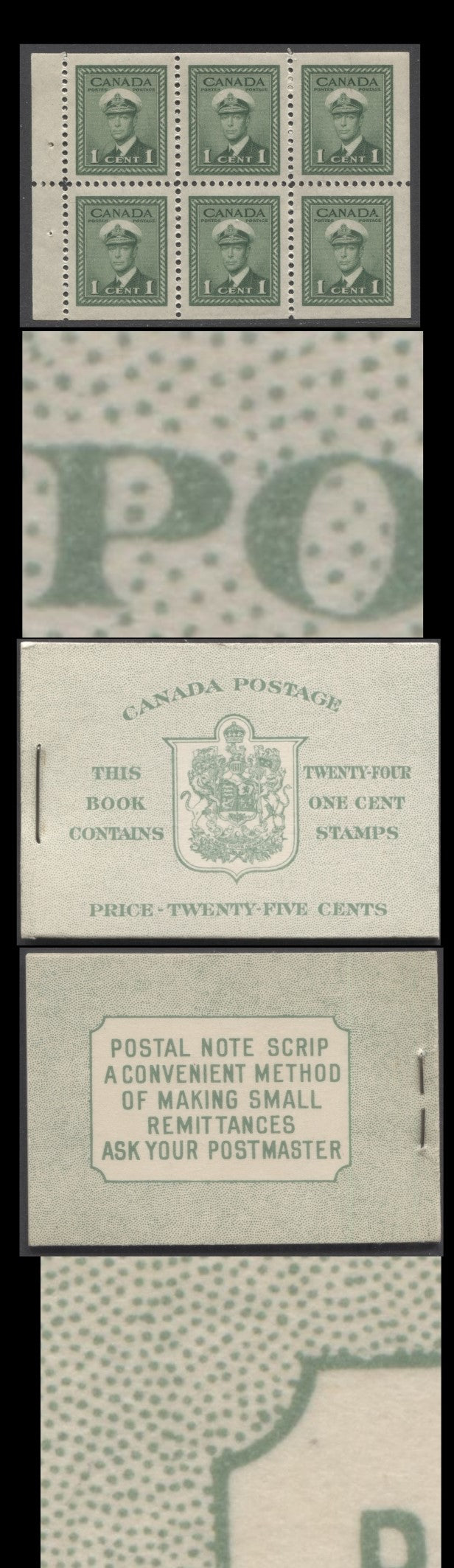 Lot 345 Canada (C) #BK32eE 1942-1947 War Issue, A Complete 25c English Booklet, 4 Panes Of 6 1c Green, Front Cover IIb, Back Cover Caii, Cover Type II, 7c & 5c Rate Page, 'Postmaster' One Word, 699,000 Issued, Paper CBN-AAAAA