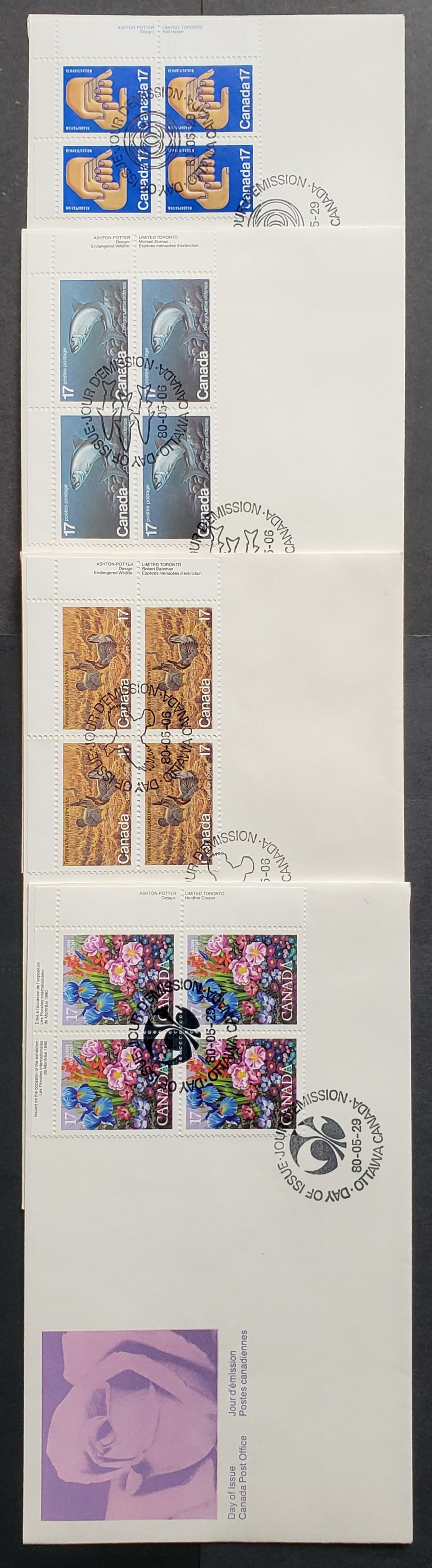 Canada #853-856 1980 Endangered Wildlife – International Events, 4 Official FDC’s With UR Inscription Blocks, All on DF Paper