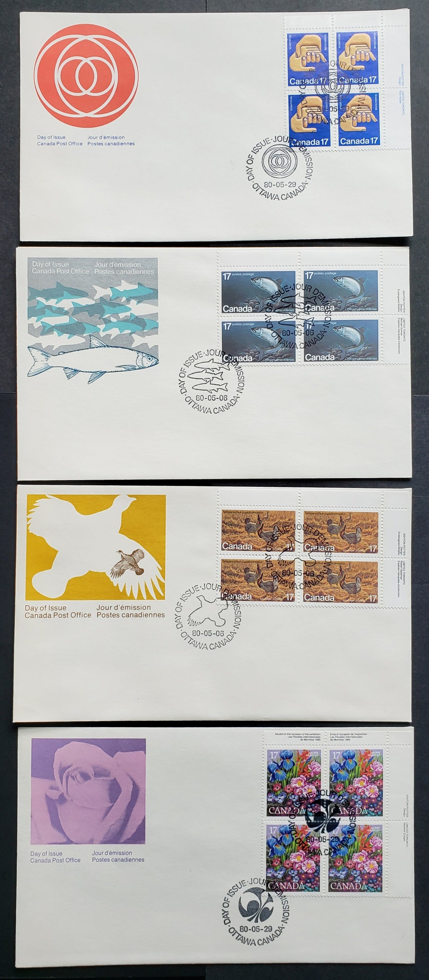 Canada #853-856 1980 Endangered Wildlife – International Events, 4 Official FDC’s With UR Inscription Blocks, All on DF Paper