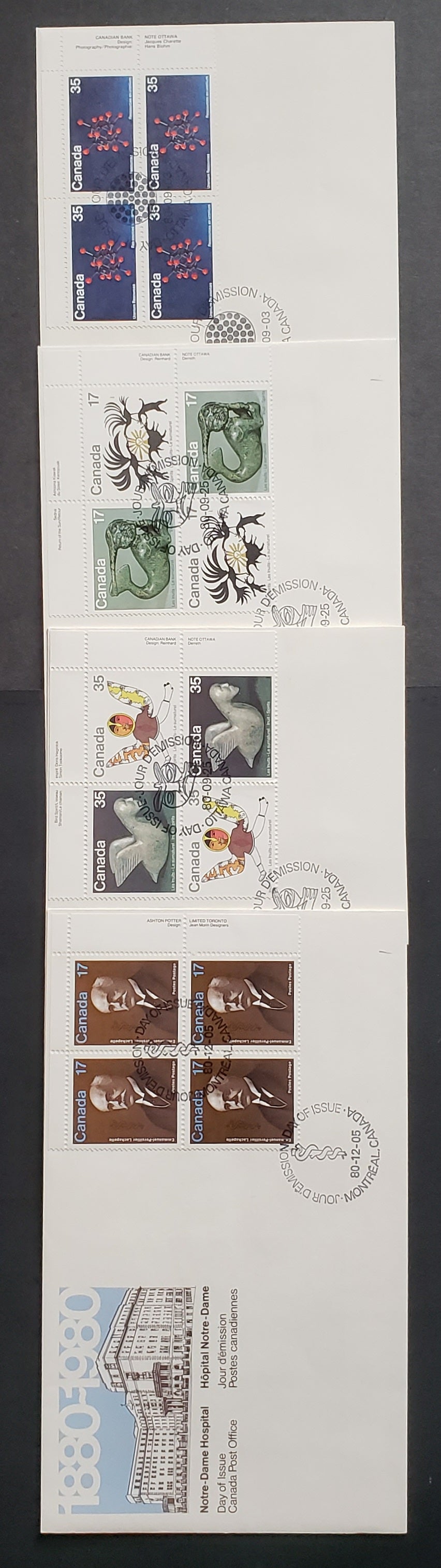 Lot 177 Canada #865-869, 877 1980 Uranium – E.P. Lachapelle, 4 Official FDC’s With UR Inscription Blocks, DF Paper