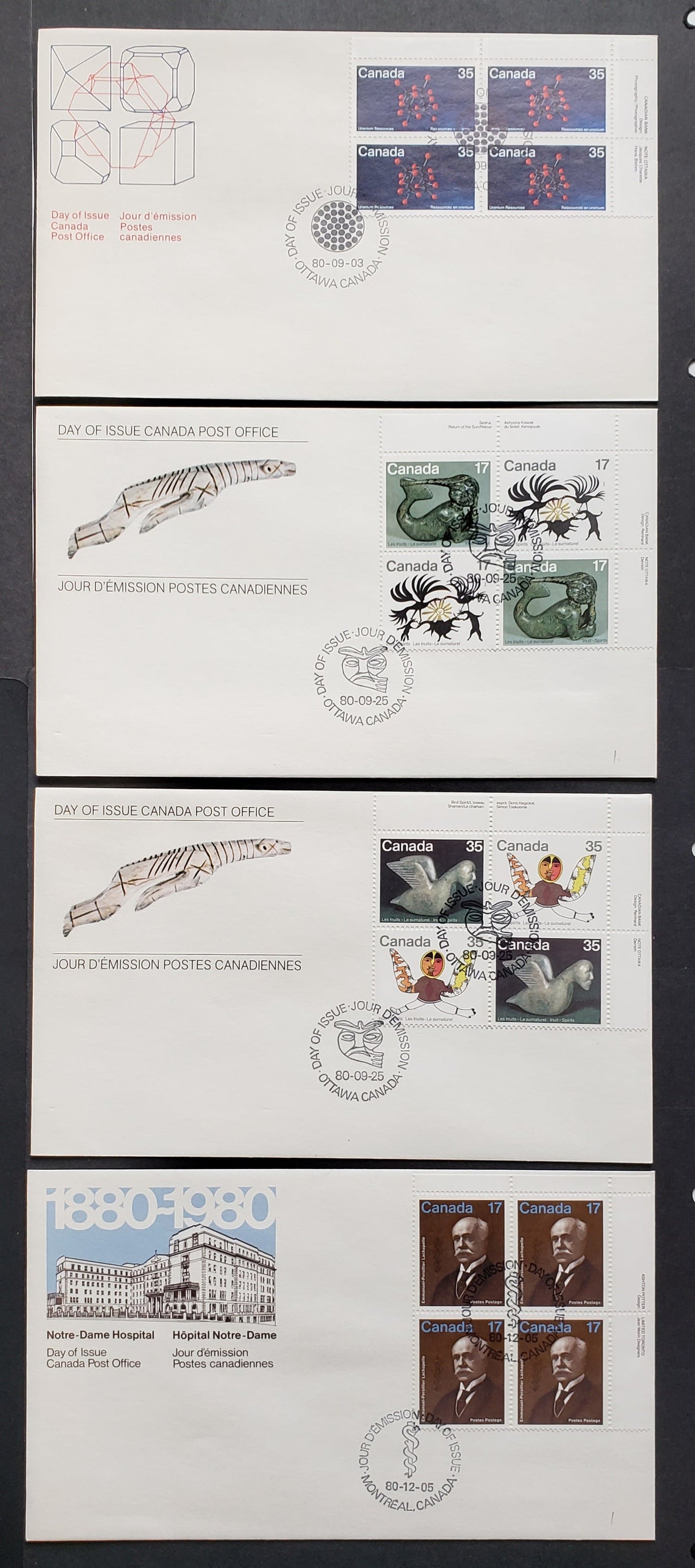 Lot 177 Canada #865-869, 877 1980 Uranium – E.P. Lachapelle, 4 Official FDC’s With UR Inscription Blocks, DF Paper