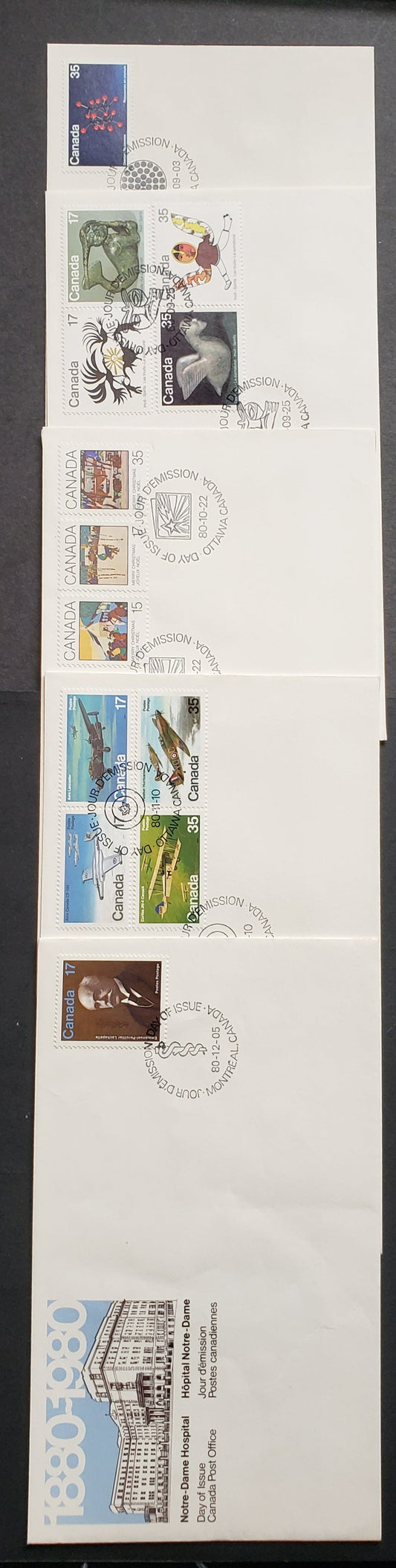 Canada #865-877 1980 Uranium – E.P. Lachapelle, 5 Official FDC’s With Singles and Pairs, All on DF Paper