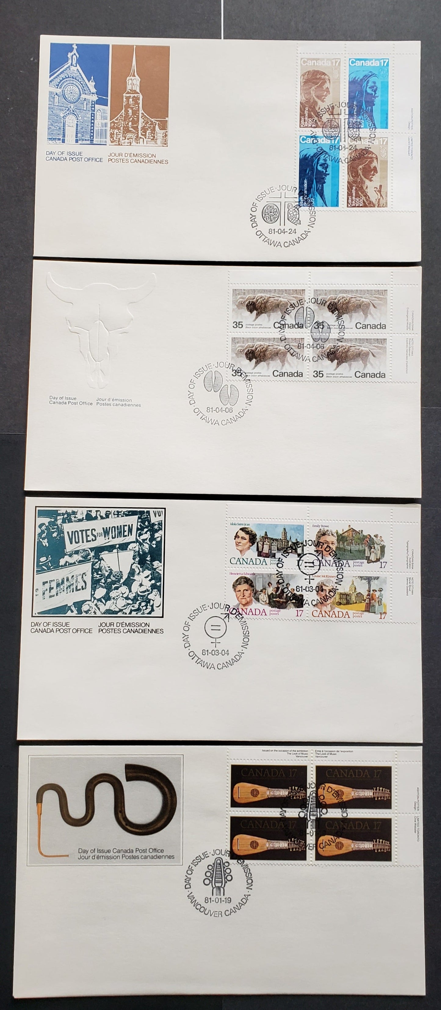 Canada #878-886a 1981 Music Exhibition – Religious Personalities, 4 Official FDC’s With UR Inscription Blocks, DF Paper and LF Paper