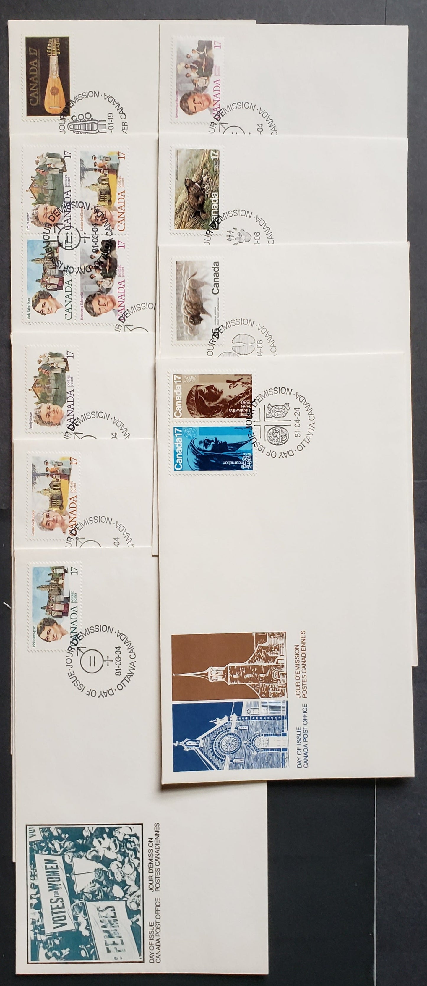 Canada #878-886a 1981 Music Exhibition – Religious Personalities, 9 Official FDC’s With Singles, Pairs and Blocks, on DF Paper