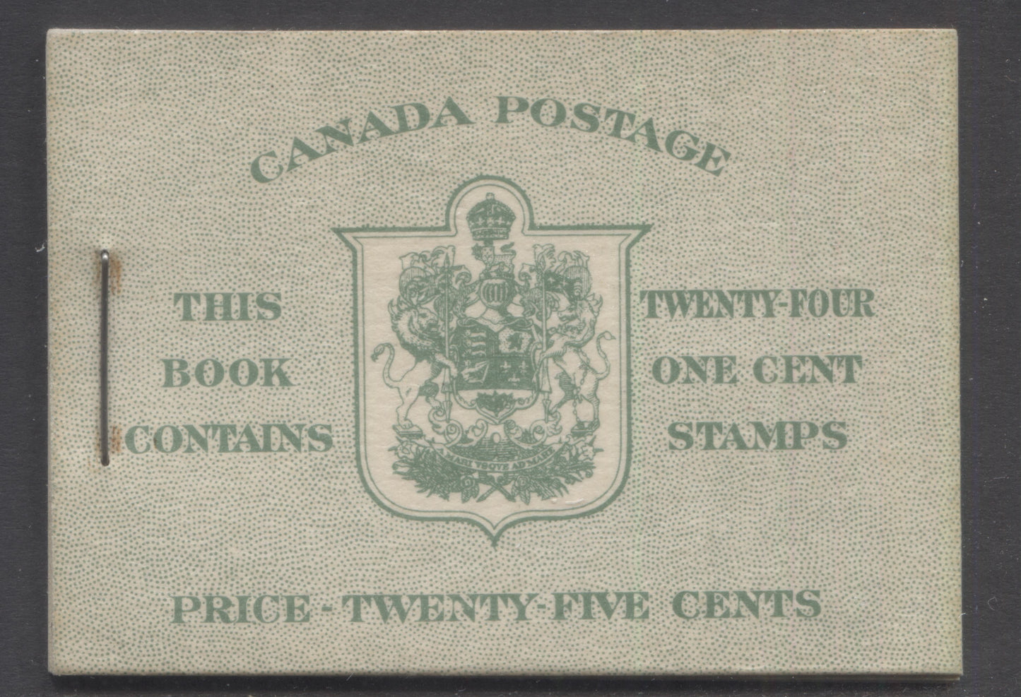 Canada #BK32fEIIaCbi 1942-1947 War Issue, A Complete 25c English Booklet, 4 Panes Of 6 1c Green, Front Cover IIa, Back Cover Cbi, Cover Type IIa, 7c & 6c Rate Page, 'Post Master' Two Words, 699,000 Issued, Horizontal Ribbed Panes