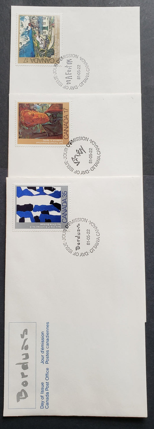 Canada #887-889 1981 Canadian Painters, 3 Official FDC’s With Singles, ALL on LF Paper