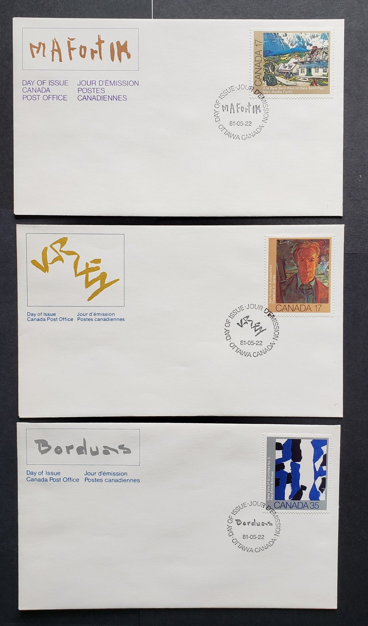 Canada #887-889 1981 Canadian Painters, 3 Official FDC’s With Singles, ALL on LF Paper