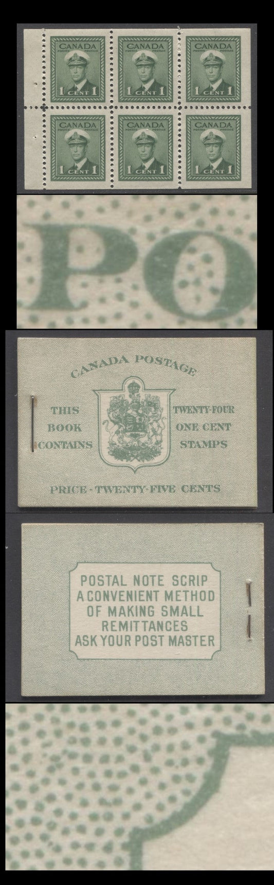 Canada #BK32fEIIaCbi 1942-1947 War Issue, A Complete 25c English Booklet, 4 Panes Of 6 1c Green, Front Cover IIa, Back Cover Cbi, Cover Type IIa, 7c & 6c Rate Page, 'Post Master' Two Words, 699,000 Issued, Horizontal Ribbed Panes