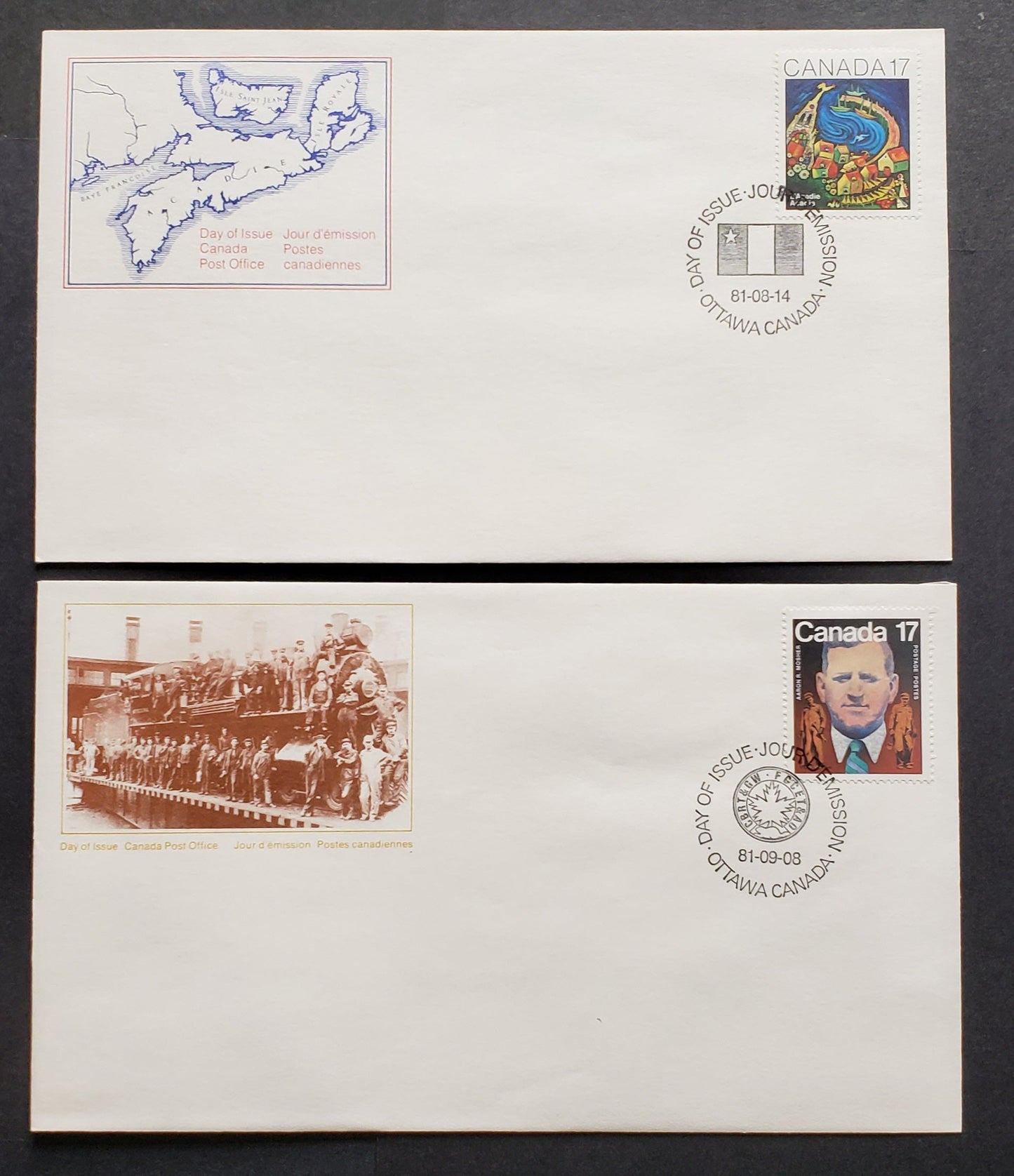 Canada #898i, 899i 1981 Acadians & Aaron Mosher, 2 Official FDC’s With Singles on Scarcer LF Paper