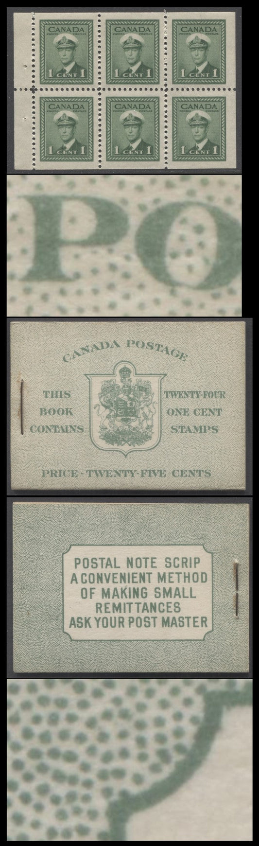 Canada #BK32fE 1942-1947 War Issue, A Complete 25c English Booklet, 4 Panes Of 6 1c Green, Front Cover IIa, Back Cover Cbii, Cover Type IIa, 7c & 6c Rate Page, 'Post Master' Two Words, 699,000 Issued