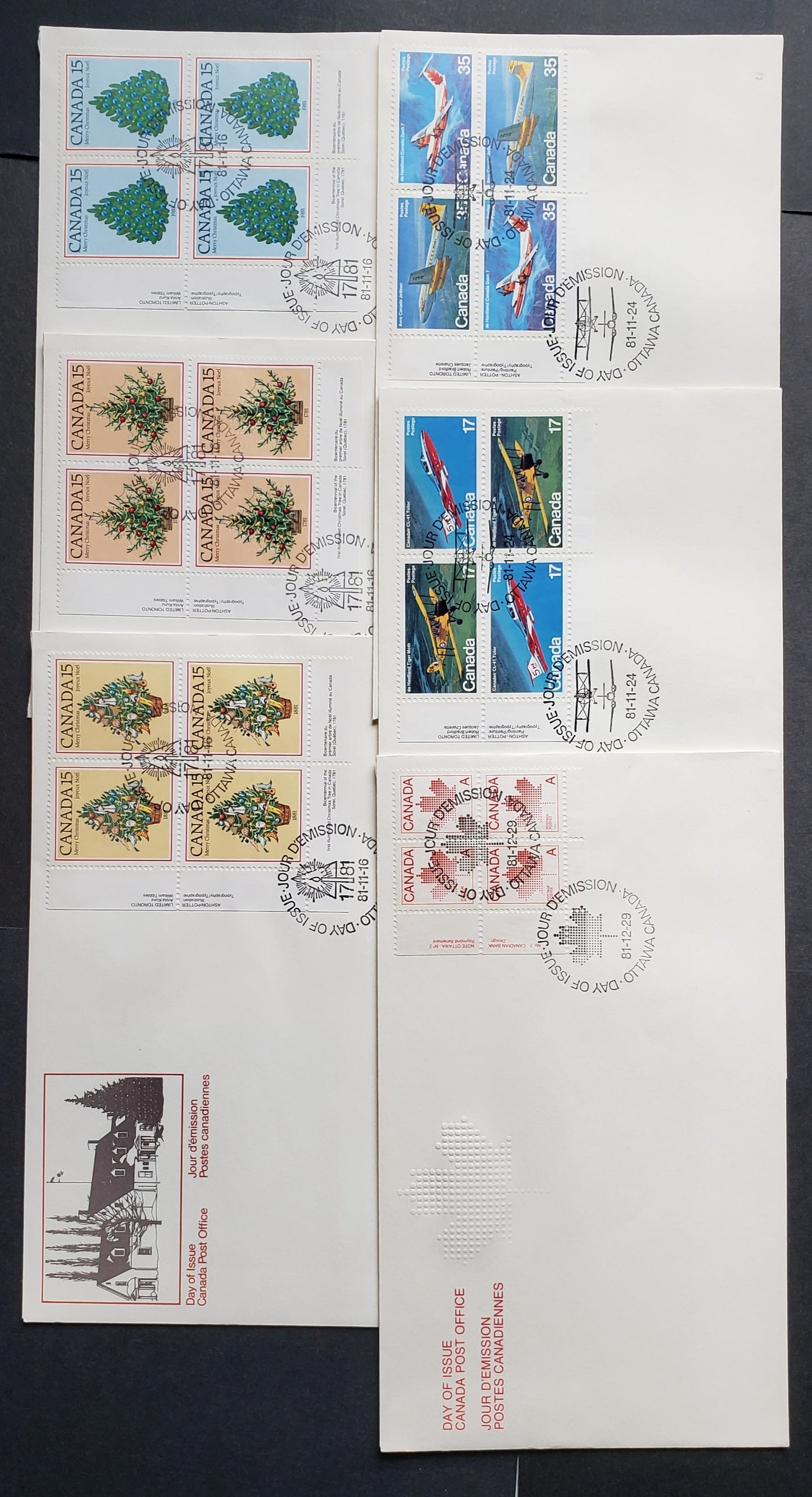 Lot 220 Canada #900i, 901i, 902-907 1981 Christmas – Aircraft, 6 Official FDC’s Bearing LL Inscription Blocks on DF and LF Papers