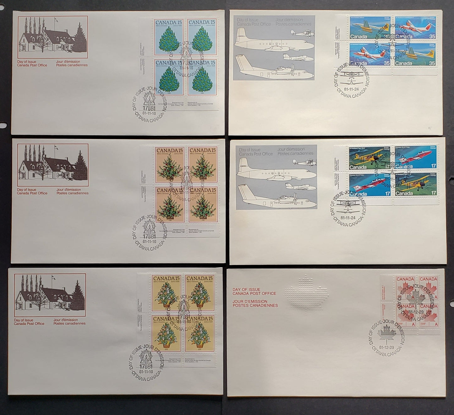 Lot 220 Canada #900i, 901i, 902-907 1981 Christmas – Aircraft, 6 Official FDC’s Bearing LL Inscription Blocks on DF and LF Papers