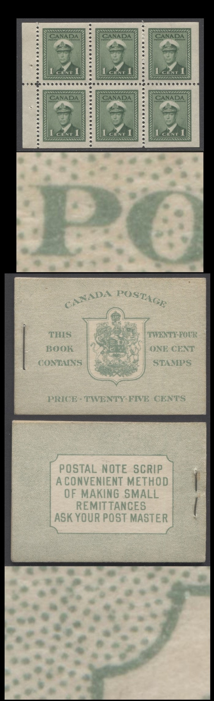Lot 348 Canada (C) #BK32fE 1942-1947 War Issue, A Complete 25c English Booklet, 4 Panes Of 6 1c Green, Front Cover IIa, Back Cover Cbiii, Cover Type IIa, 7c & 6c Rate Page, 'Post Master' Two Words, 699,000 Issued