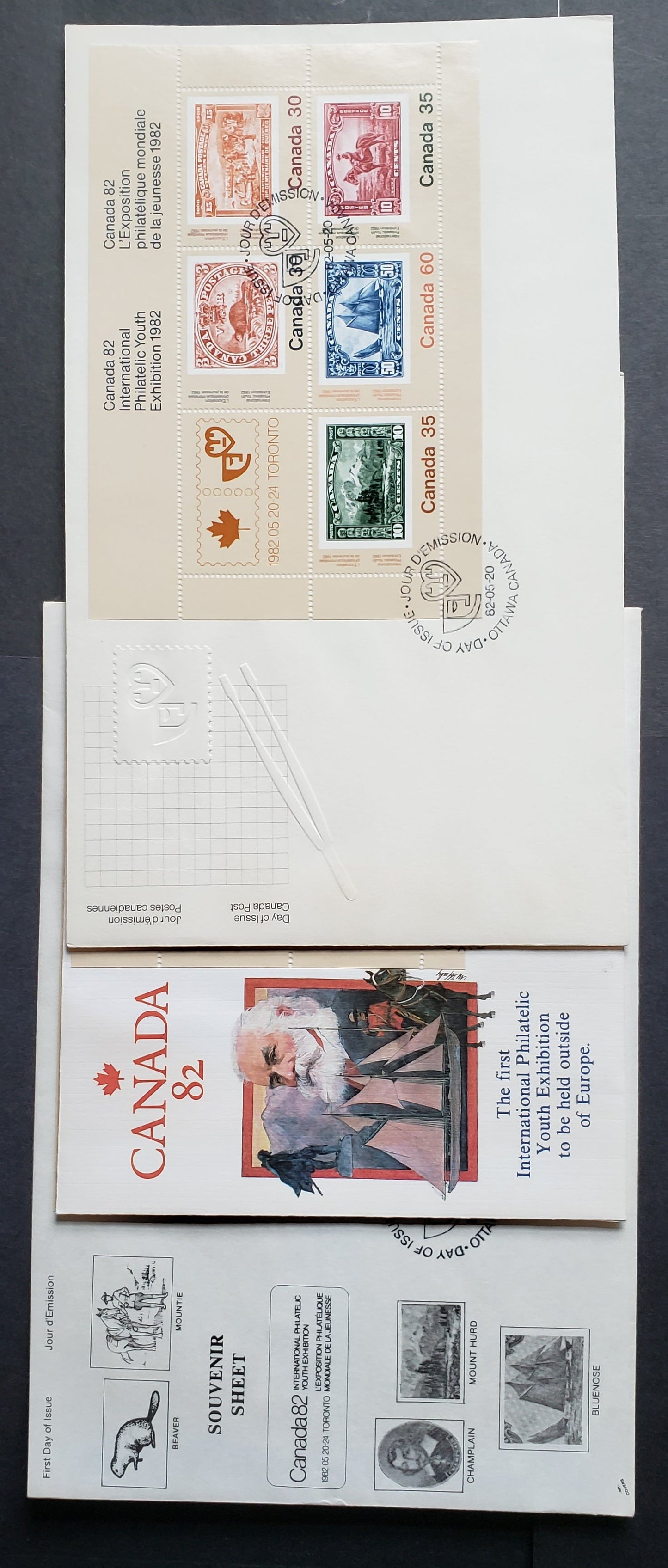 Lot 235 Canada #913a 1982 Canada ’82, Three Official and Private FDC’s, Each Bearing the Souvenir Sheet