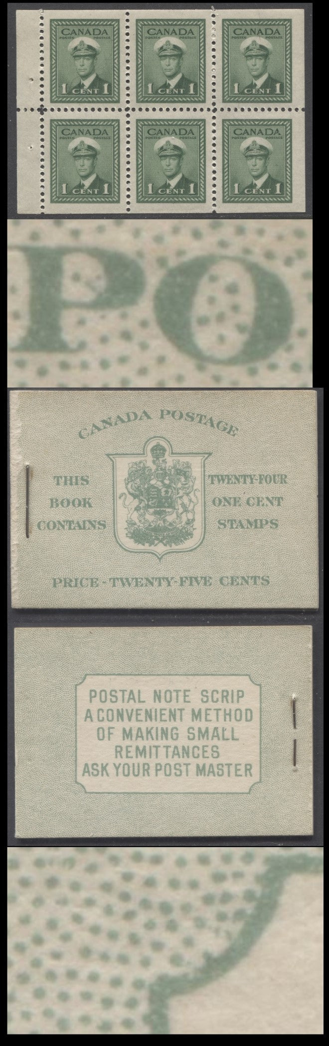 Lot 350 Canada (C) #BK32fE 1942-1947 War Issue, A Complete 25c English Booklet, 4 Panes Of 6 1c Green, Front Cover IIa, Back Cover Cbi, Small Line In P of Postage, 7c & 6c Rate Page, 'Post Master' Two Words, Paper CBN-XXXXX