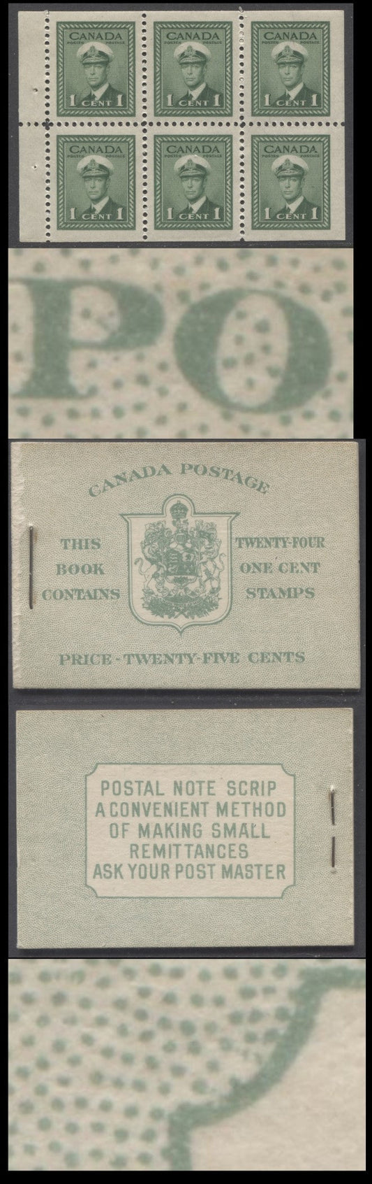 Lot 350 Canada (C) #BK32fE 1942-1947 War Issue, A Complete 25c English Booklet, 4 Panes Of 6 1c Green, Front Cover IIa, Back Cover Cbi, Small Line In P of Postage, 7c & 6c Rate Page, 'Post Master' Two Words, Paper CBN-XXXXX