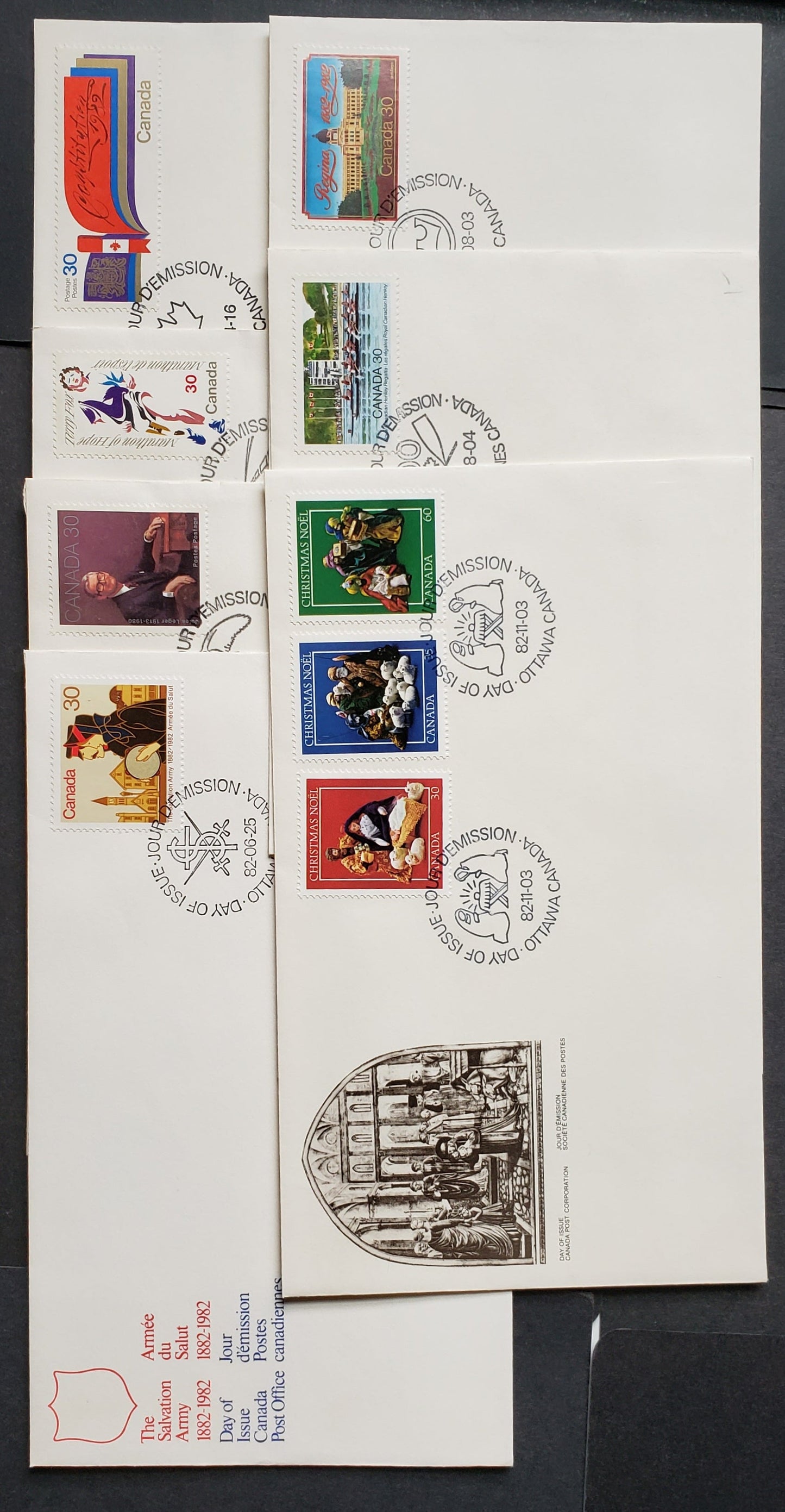 Canada #914-916, 954, 967-968, 973-975 1982 Jules Leger – Christmas, 7 Official FDC’s Bearing Singles and Combinations, All on DF Paper