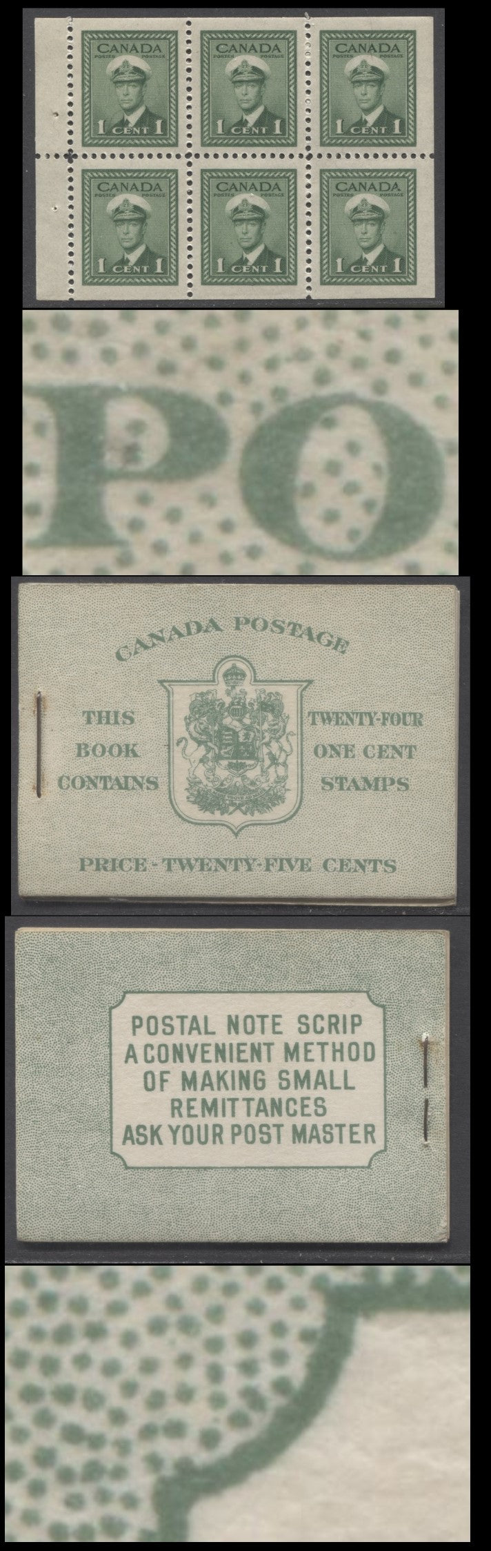 Lot 352 Canada (C) #BK32fE 1942-1947 War Issue, A Complete 25c English Booklet, 4 Panes Of 6 1c Green, Front Cover IIb, Back Cover Cbii, Cover Type IIa, 7c & 6c Rate Page, 'Post Master' Two Words, Paper CBN-XXXXX