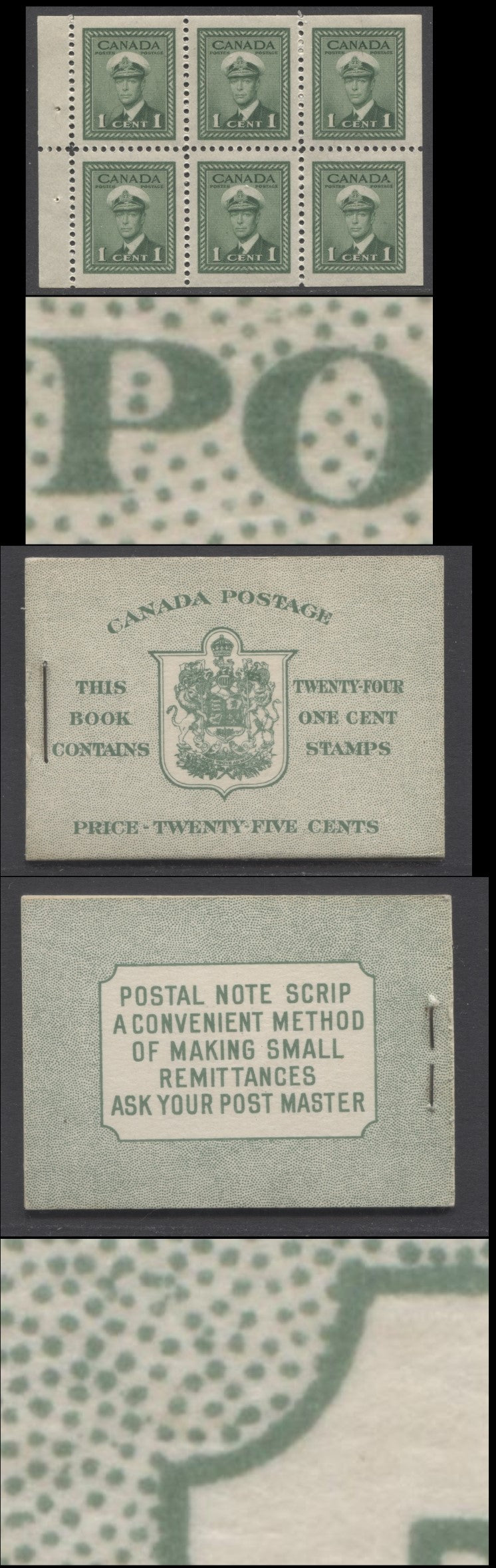 Lot 353 Canada (C) #BK32f 1942-1947 War Issue, A Complete 25c English Booklet, 4 Panes Of 6 1c Green, Front Cover IIb, Back Cover Cbiii, Cover Type IIa, 7c & 6c Rate Page, 'Post Master' Two Words, Paper CBN-XXXXX