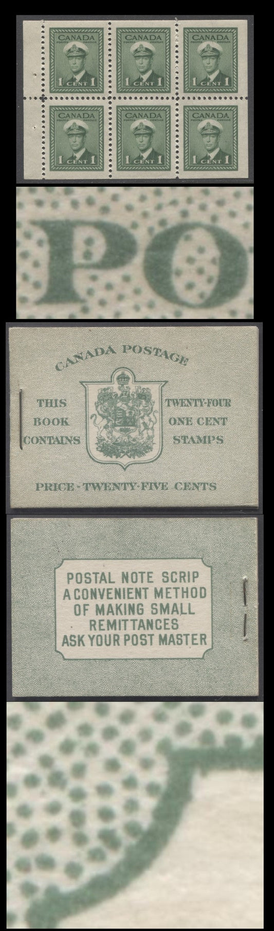 Lot 44 Canada #BK32fE 1942-1947 War Issue, A Complete 25c English Booklet, 4 Panes Of 6 1c Green, Front Cover IIb, Back Cover Cbii, Cover Type IIa, 7c & 6c Rate Page, 'Post Master' Two Words, 699,000 Issued