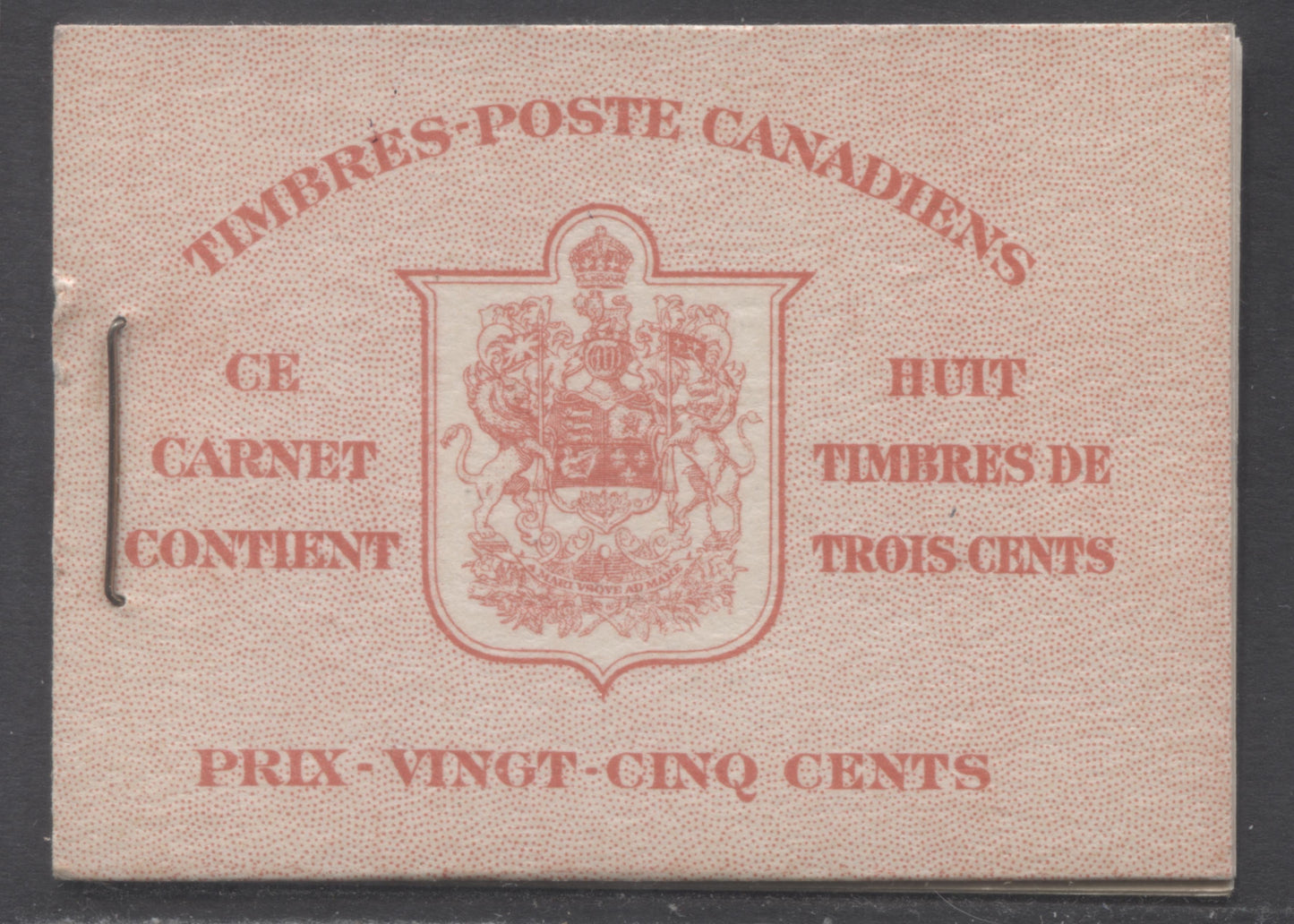 Lot 276 Canada #BK34aFIIn 1942-1947 War Issue, A Complete 25c French Booklet, 2 Panes Of 4+2 Labels 3c Dark Carmine, Front Cover IIn, Type 1B Cover, 6c Rate Page, CBN-LLL Paper/Gum, 12mm Staple, Dark Cover