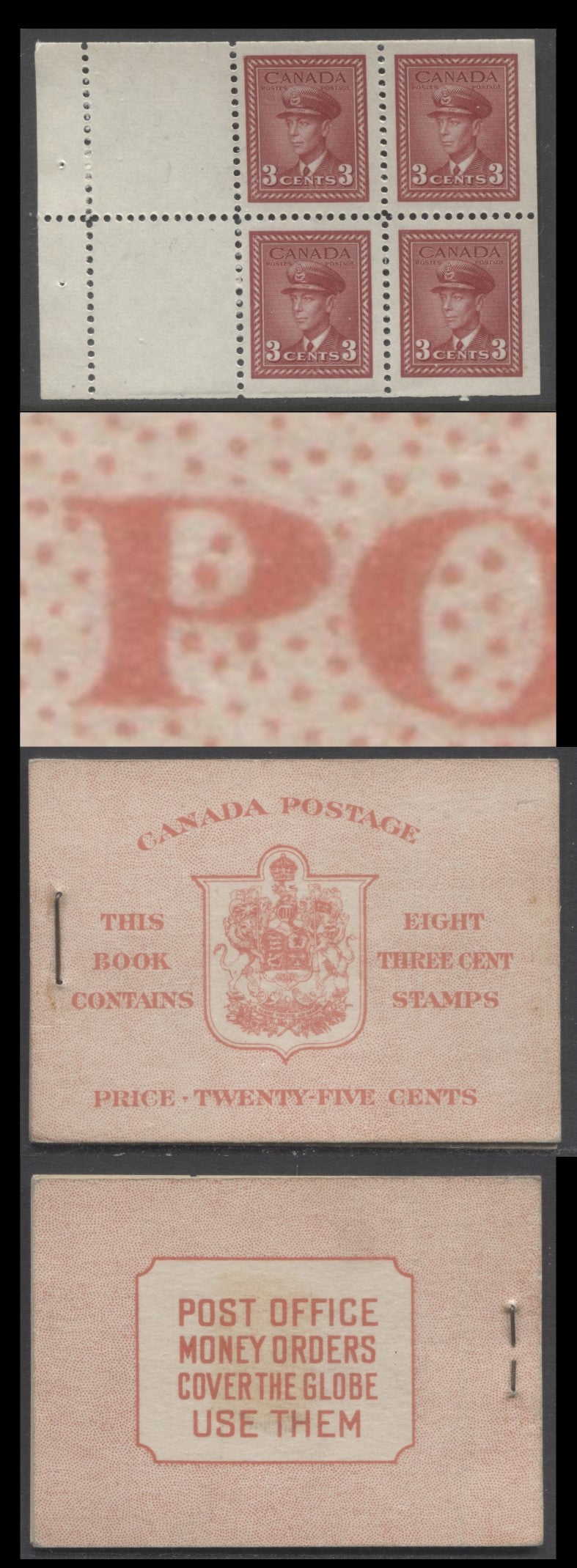 Lot 358 Canada (C) #BK34aE (Mcann BK34c) 1942-1947 War Issue, A Complete 25c English Booklet, 2 Panes Of 4+2 Labels 3c Dark Carmine, Front Cover IIe, Type 1A Cover, 6c Rate Page, 12mm Staple, Paper CBN-SSSSS