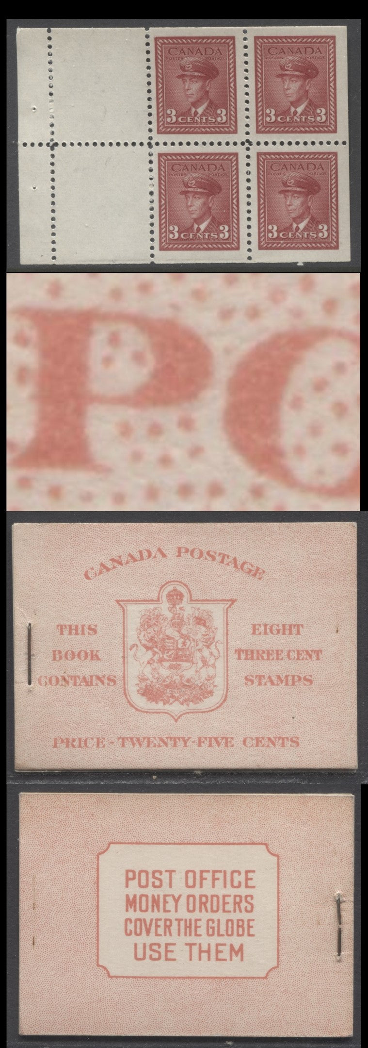 Lot 53 Canada #BK34a (McCann BK34c) 1942-1947 War Issue, A Complete 25c English Booklet, 2 Panes Of 4+2 Labels 3c Dark Carmine, Front Cover IIf, Type 1A Cover, 6c Rate Page, 12mm Staple, Unlisted In Unitrade, 4,650,000 Issued