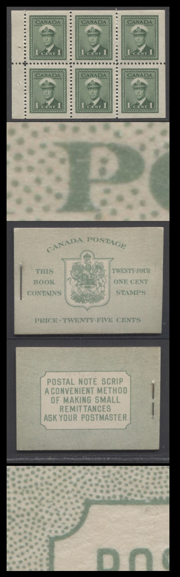 Lot 5A Canada #BK32dE 1942-1947 War Issue, A Complete 25c English Booklet, 4 Panes Of 6 1c Green, Front Cover IIb, Back Cover Type Caiii, Cover Type 2, 7c & 6c Airmail Rate Page, Postmaster One Word, 699,000 Issued