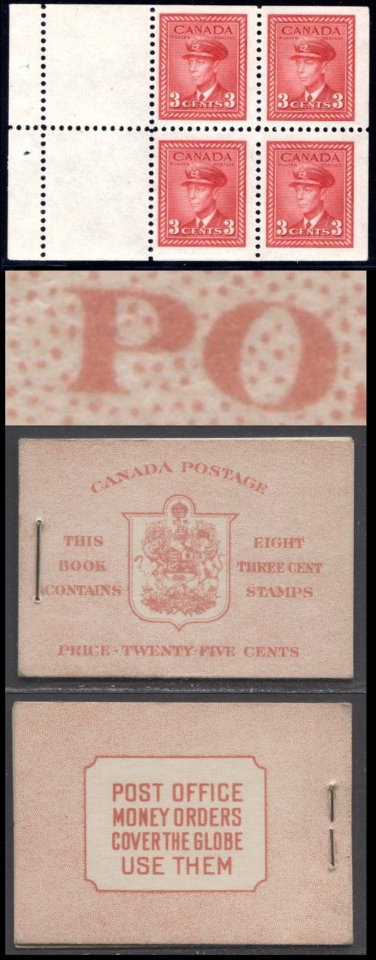 Lot 60 Canada #BK34bE 1942-1947 War Issue, A Complete 25c English Booklet, 2 Panes Of 4+2 Labels 3c Dark Carmine, Front Cover IIf, Type 1A Cover, Red 'X' On 6c Airmail Rate Page, 4,650,000 Issued