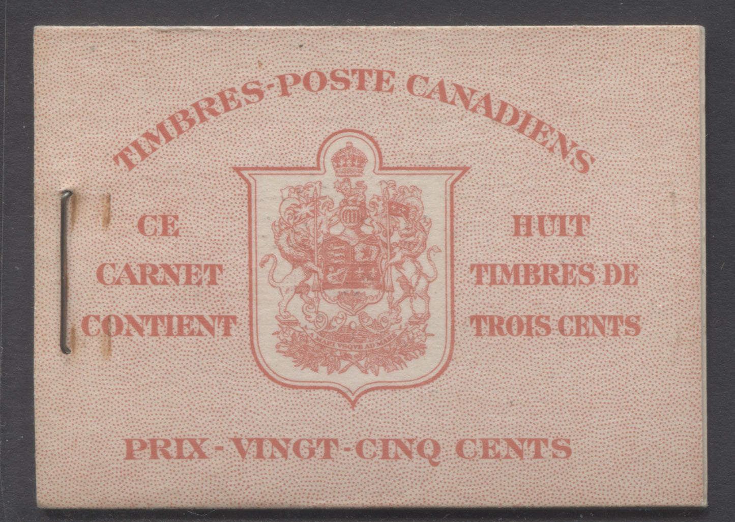 Lot 61 Canada #BK34bF 1942-1947 War Issue, A Complete 25c French Booklet, 2 Panes Of 4+2 Labels 3c Dark Carmine, Front Cover IIn, Type 1B Cover, Red 'X' On 6c Airmail Rate Page, 560,000 Issued