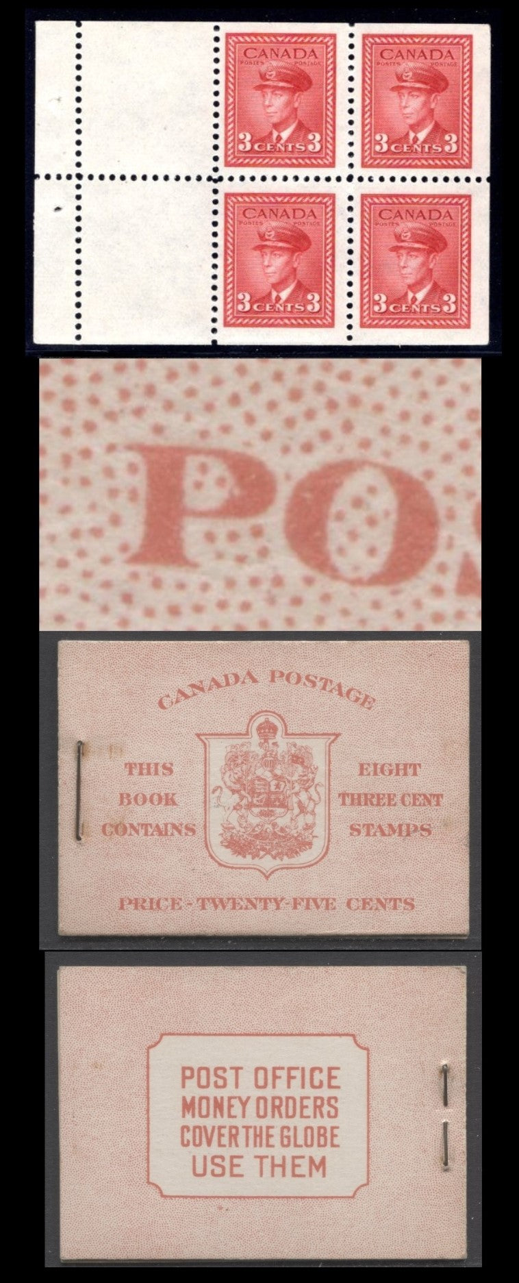 Canada #BK34cE 1942-1947 War Issue, A Complete 25c English Booklet, 2 Panes Of 4+2 Labels 3c Dark Carmine, Front Cover IIf, Type 1A Cover, No Rate Page, 4,650,000 Issued