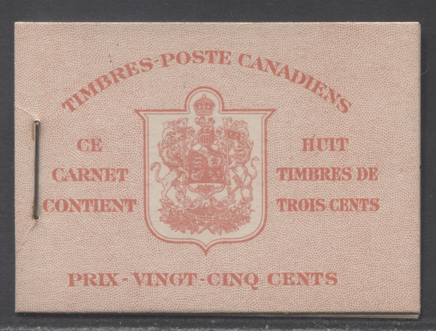 Canada #BK34cF 1942-1947 War Issue, A Complete 25c French Booklet, 2 Panes Of 4+2 Labels 3c Dark Carmine, Front Cover IIn, Type 1B Cover, No Rate Page, 560,000 Issued