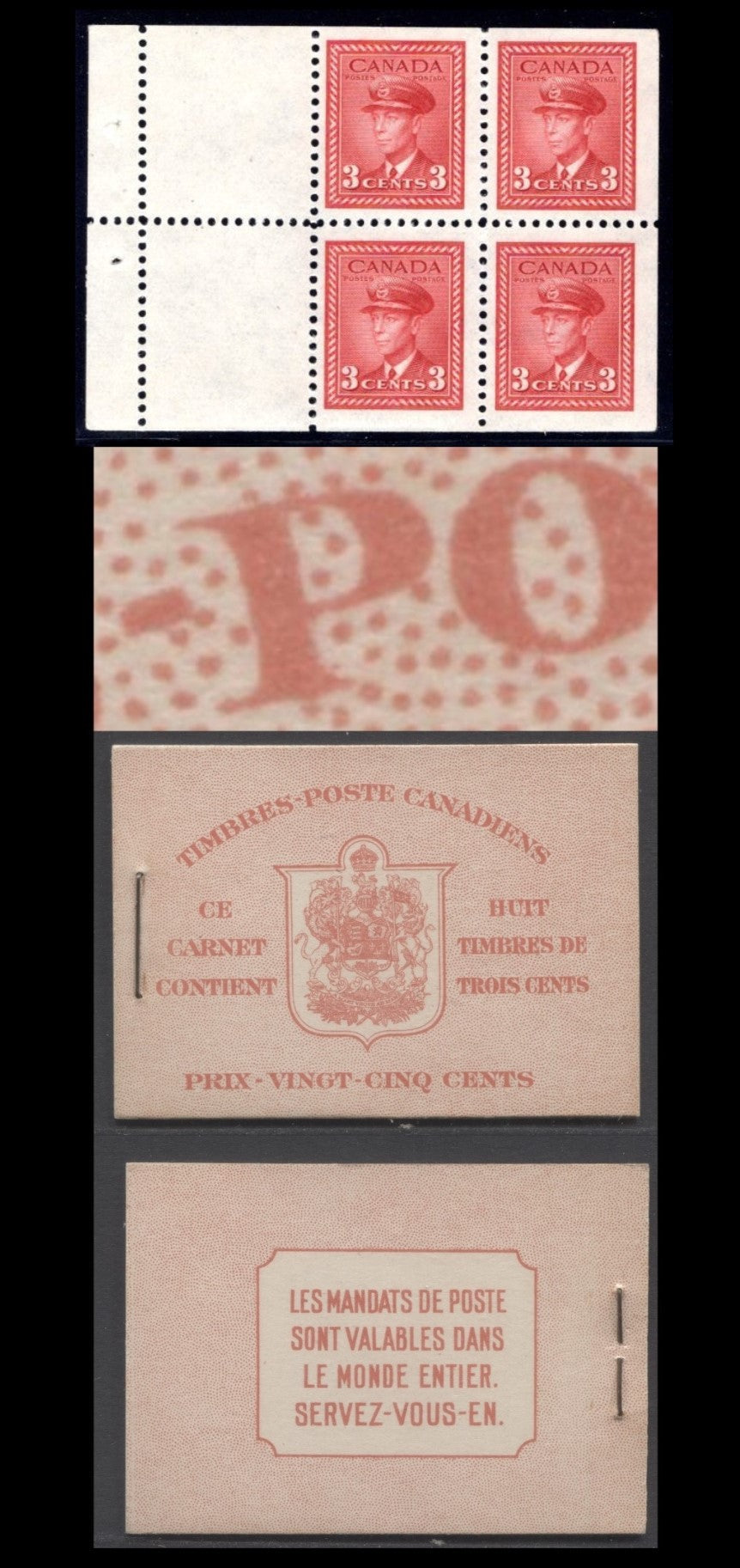 Canada #BK34dF 1942-1947 War Issue, A Complete 25c French Booklet, 2 Panes Of 4+2 Labels 3c Dark Carmine, Front Cover IIo, Type 1B Cover, Surcharged Rate Page, 560,000 Issued